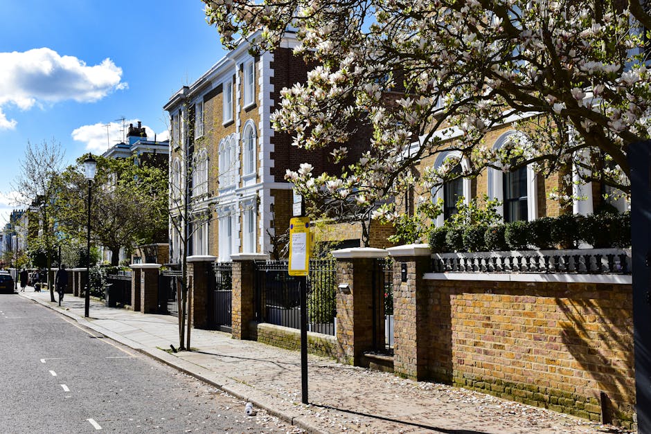 A row of traditional brick and stucco residential buildings along Finchley Road NW3, featuring well-maintained gardens with neatly trimmed hedges and flowering trees in bloom. The gardens are enclosed